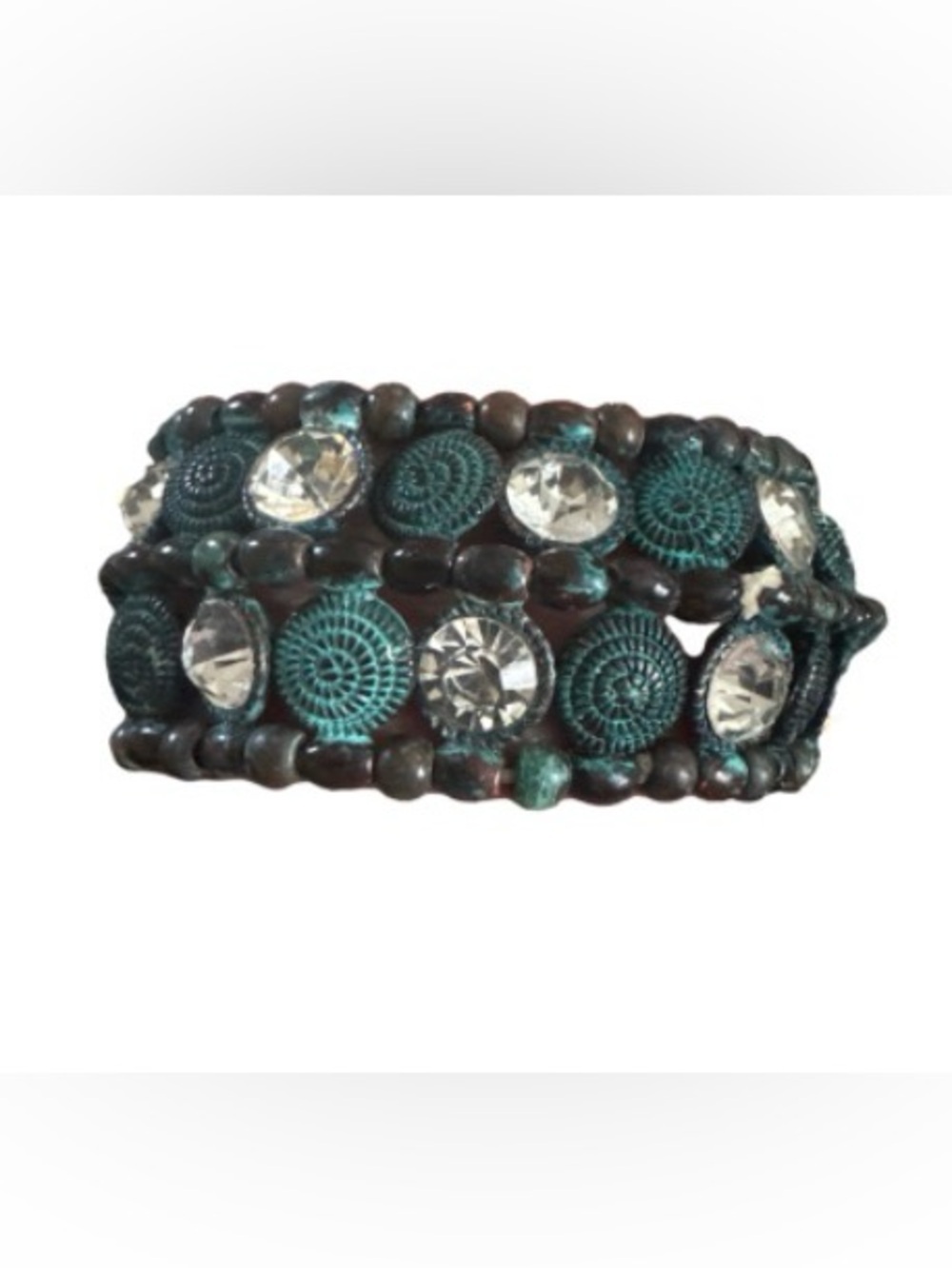 Shabby Chic Rustic Patinated Bronze, Turquoise & Rhinestones Stretch Bracelet - Picture 4 of 4